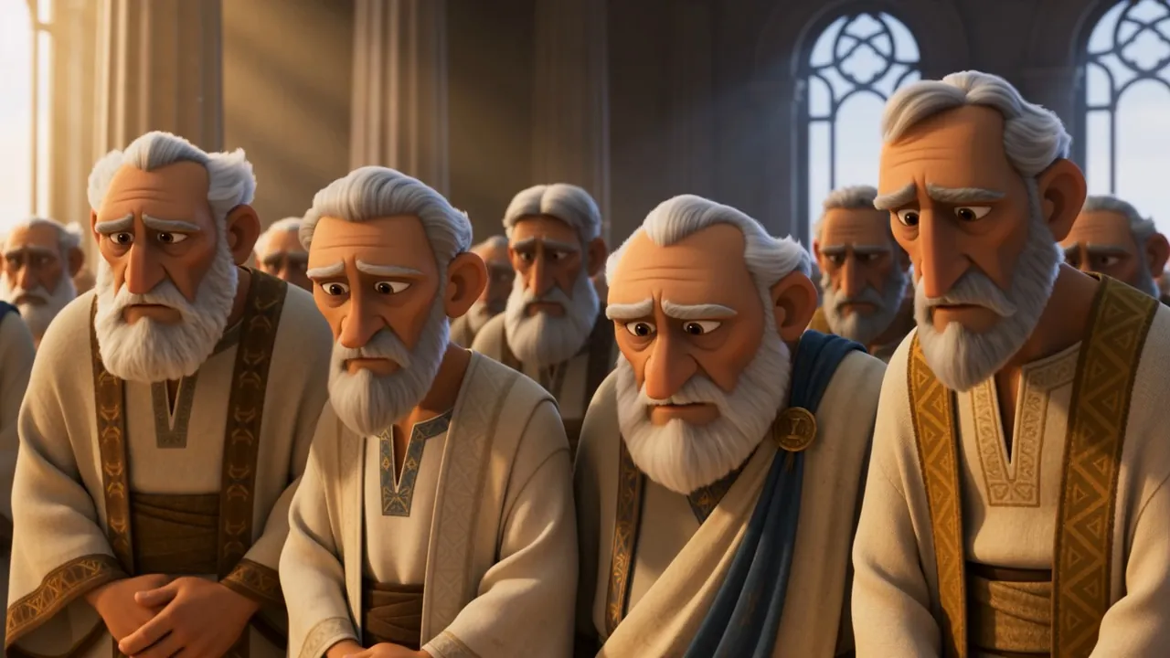A row of elders, considering him