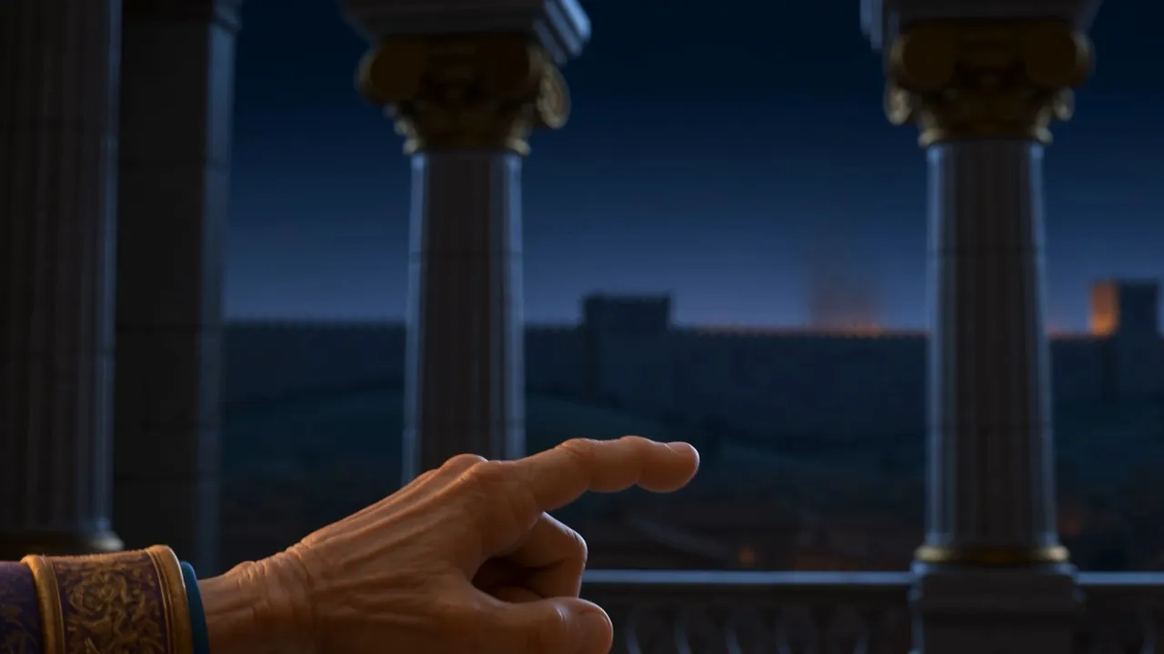 The old man points out at the dark city