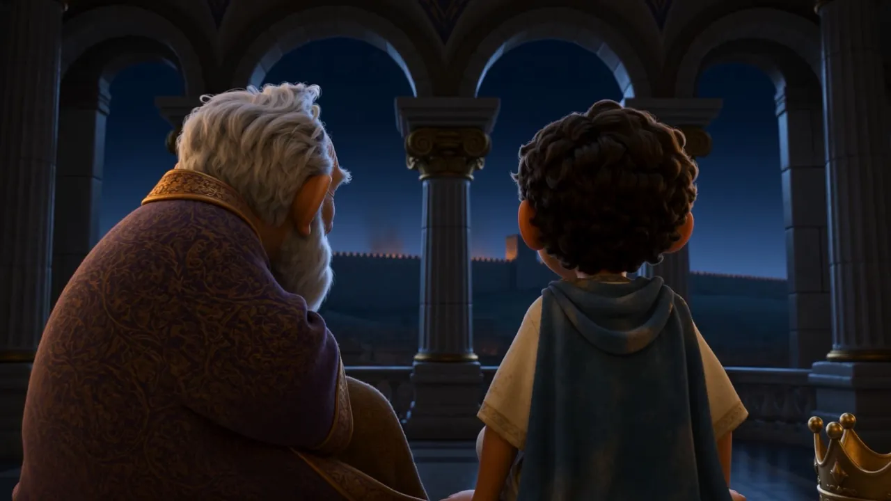 Two figures at a parapet under a blue night