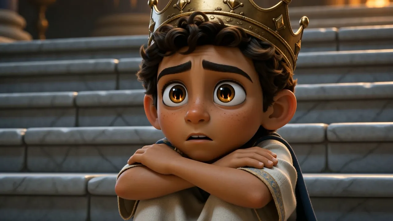 The boy sitting on a step with his chin on his arms