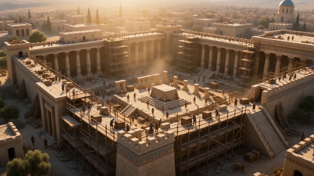 The temple precinct under scaffolding, seen from above