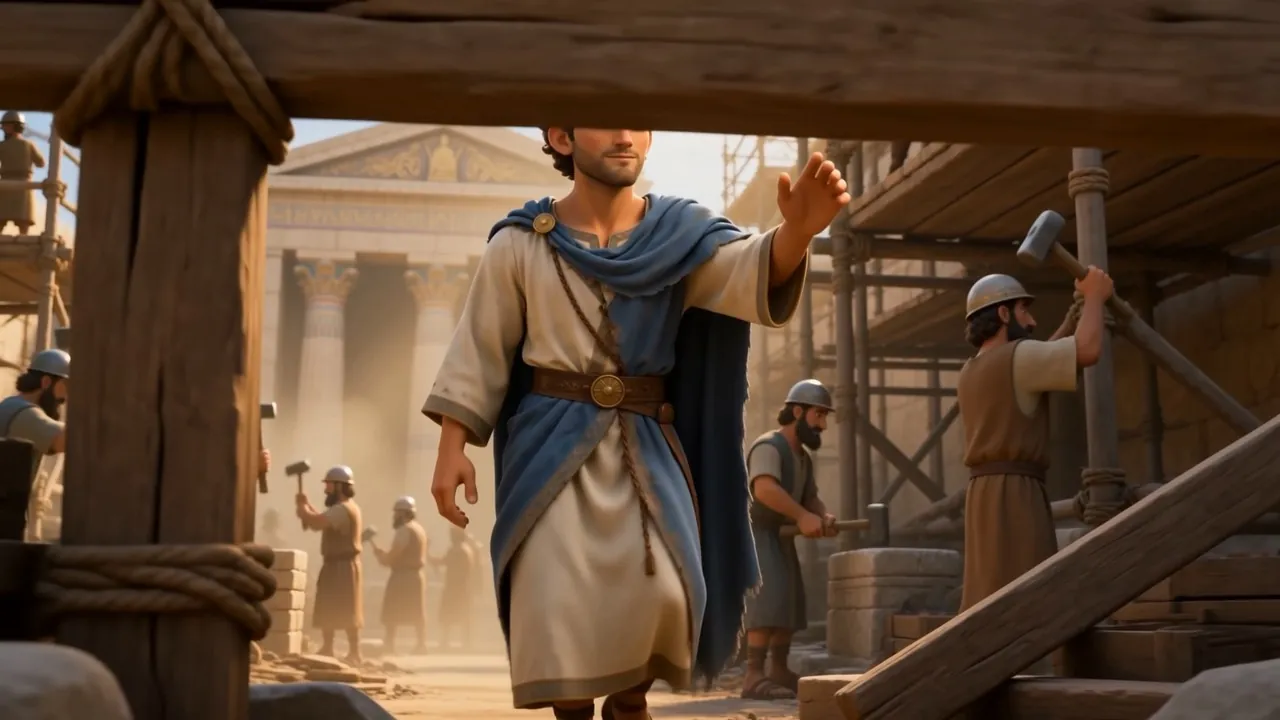 A grown Josiah on the boards among the workmen