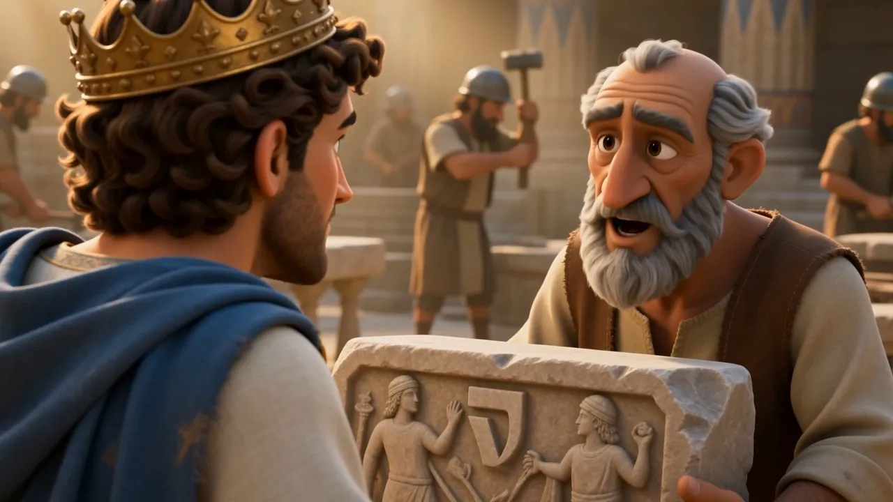 An old craftsman explains something with his hands