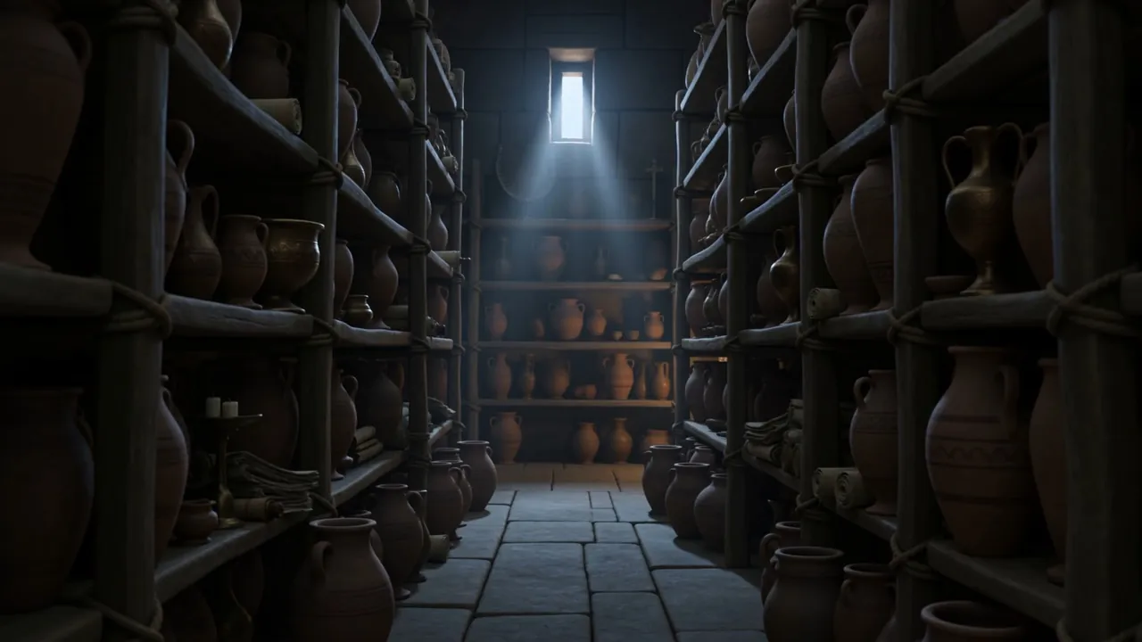 A dark storeroom stacked with jars