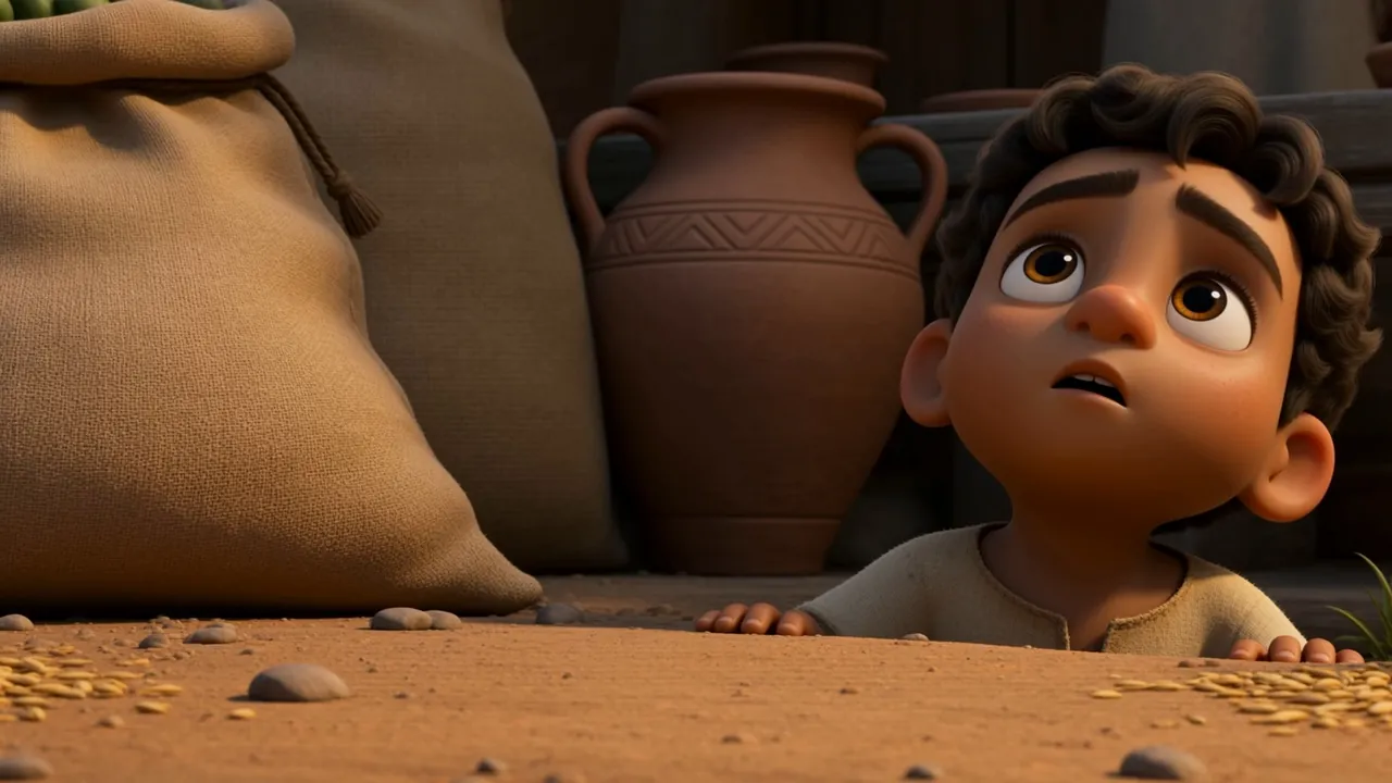 A child looks up from the ground