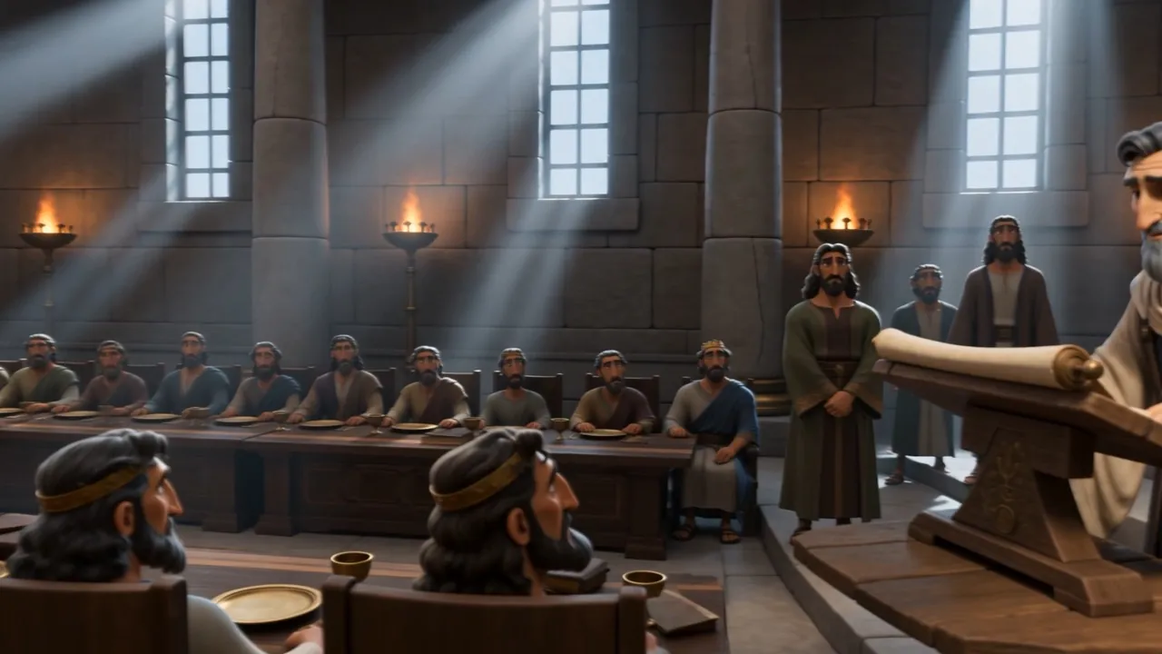 The hall, the court seated, a lectern set out