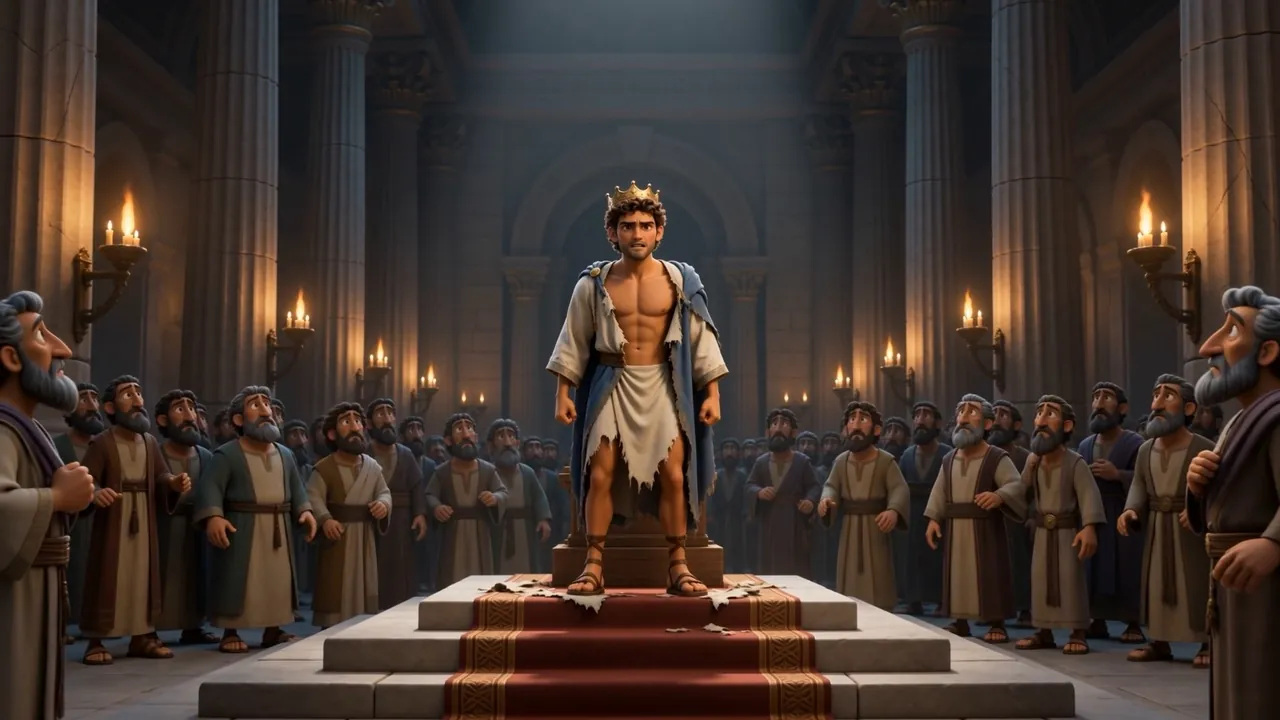 He stands in torn clothes at the top of the steps