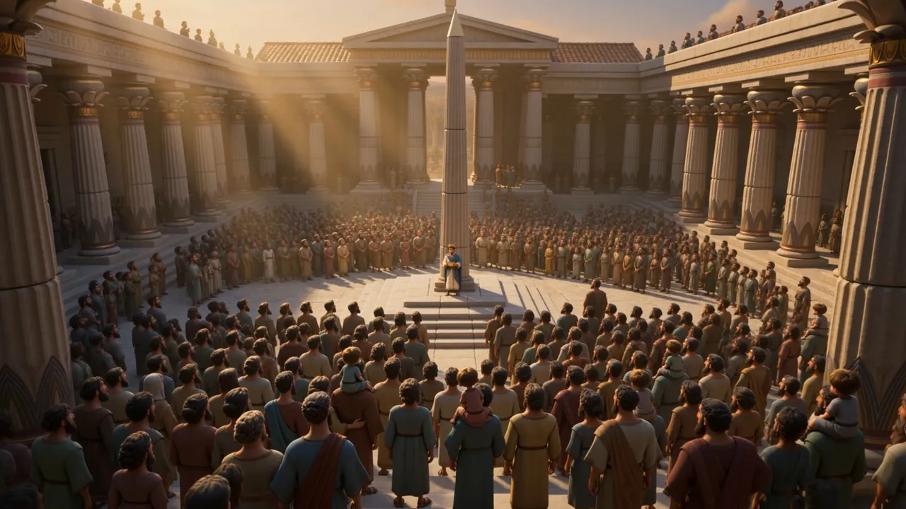 An enormous crowd filling the temple courts