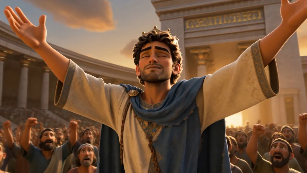 He turns with both arms wide