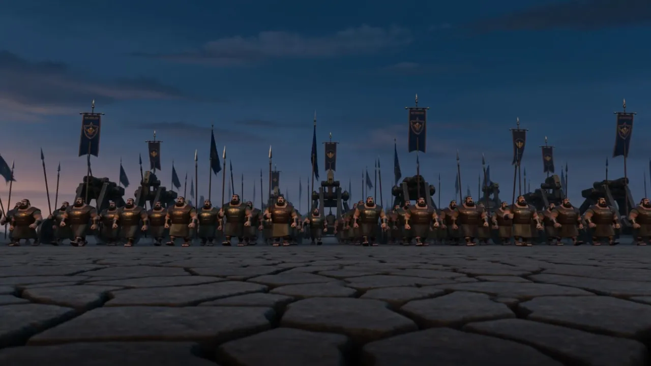 A line of banners along a ridge at dusk