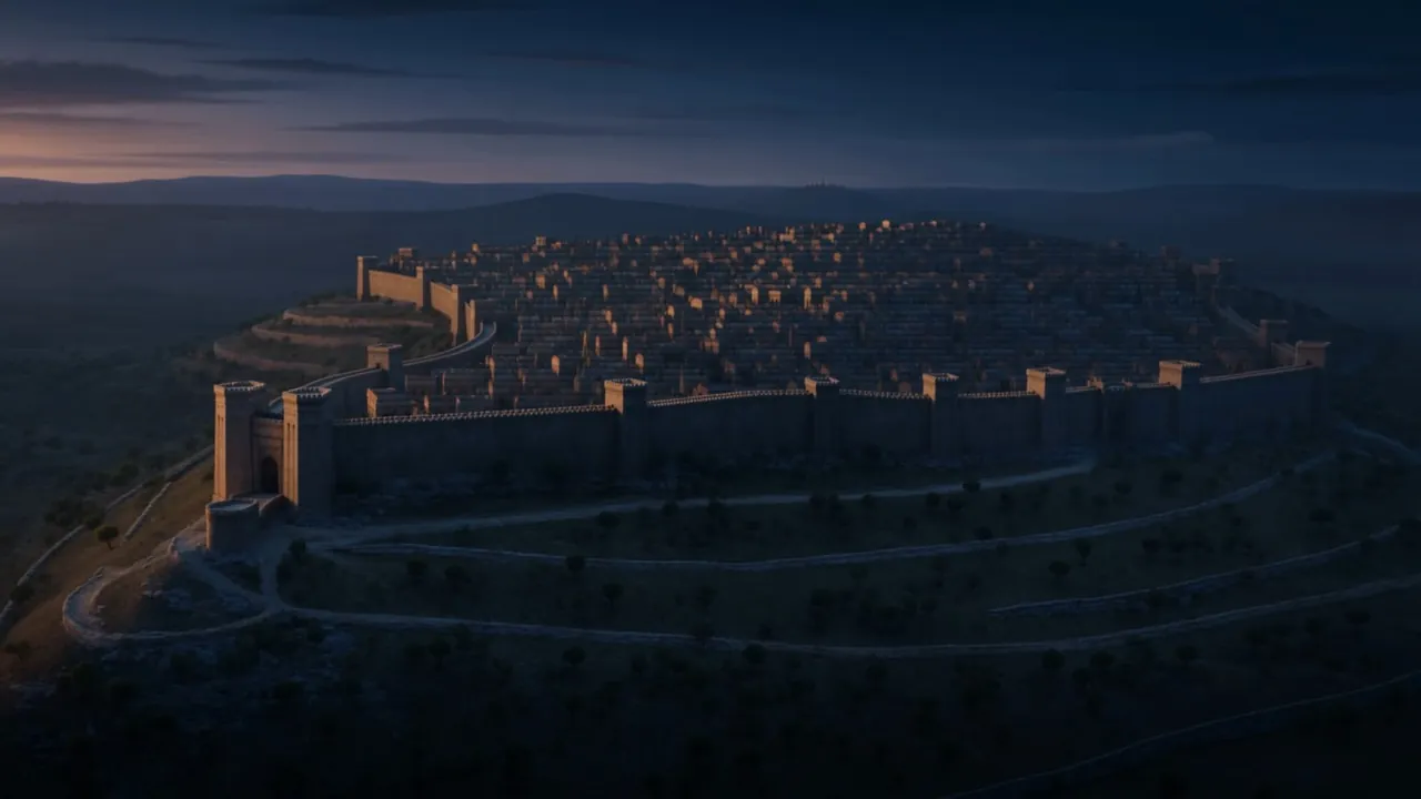 The walled city on its hill, seen from the plain