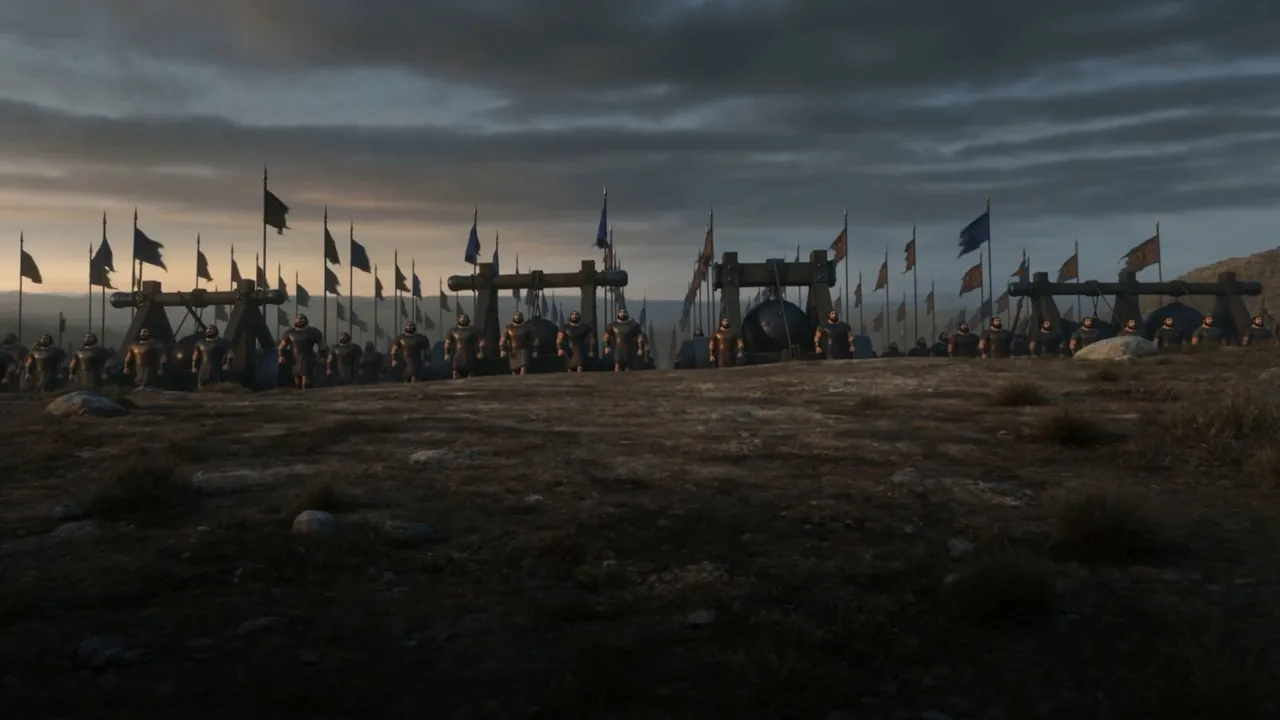 Siege engines being hauled forward across the ground
