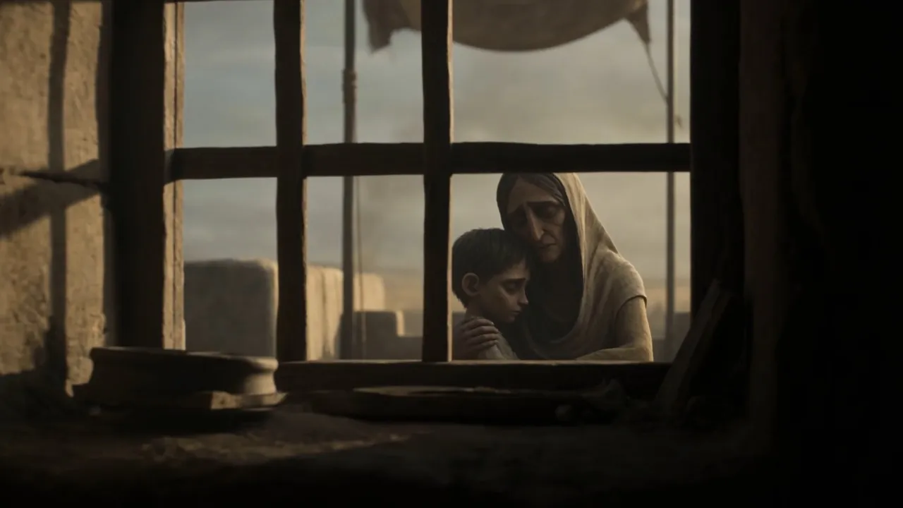 A woman and a child at a barred window