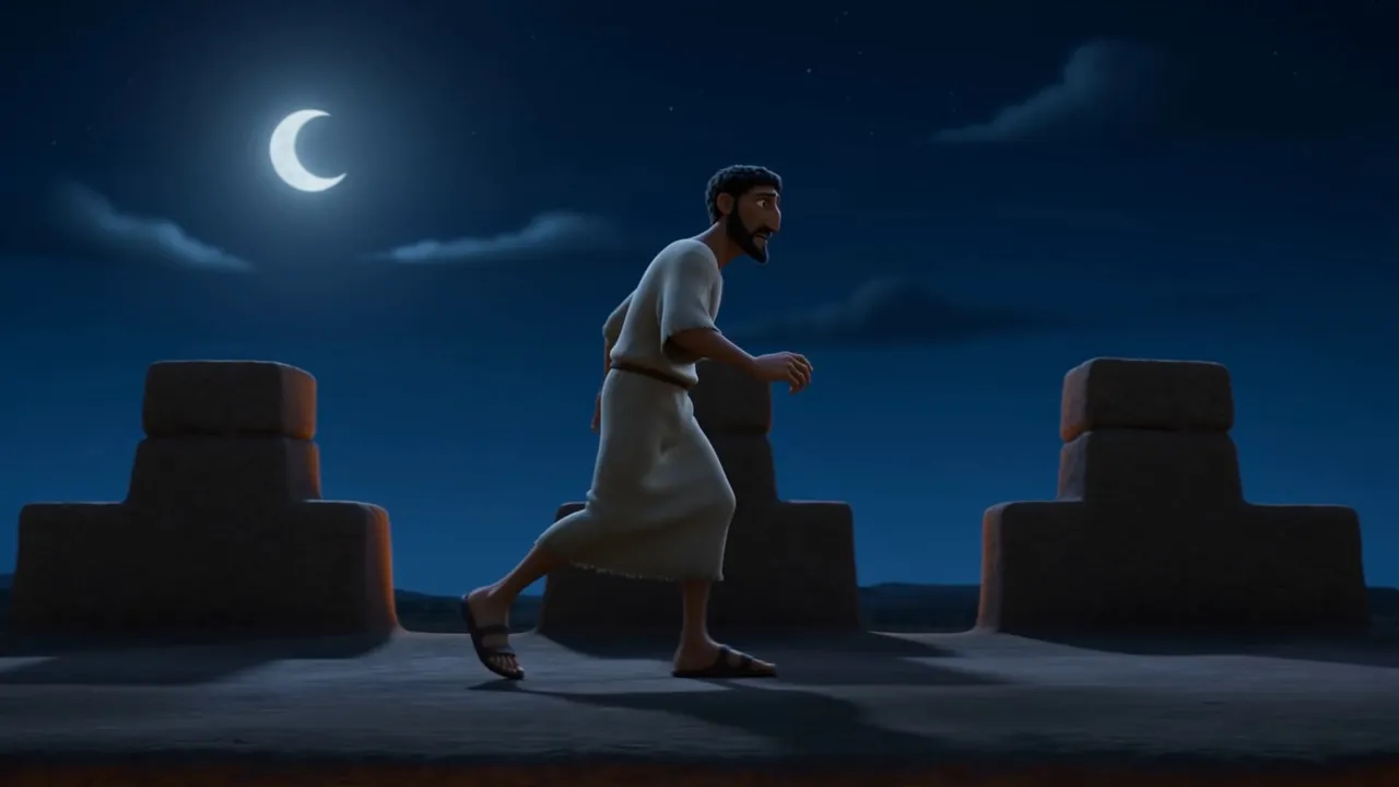 A man walking the wall at night under a thin moon