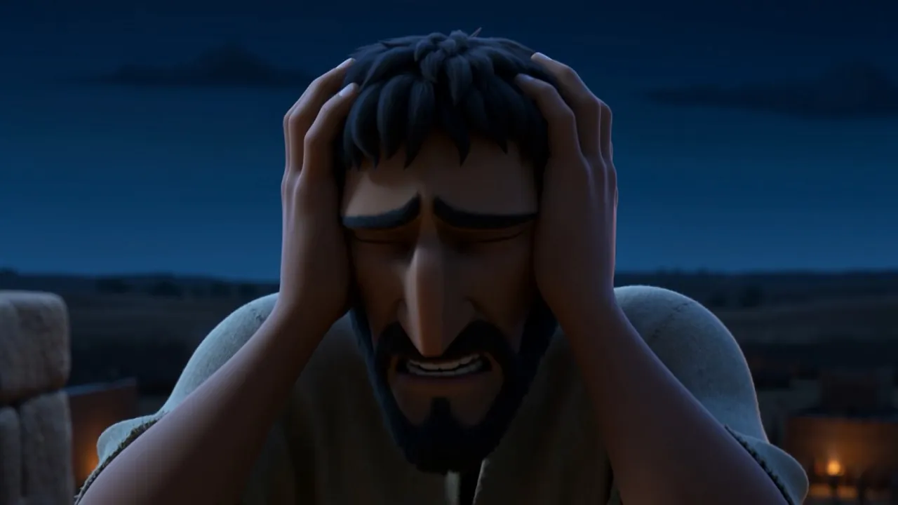 He sits down and puts his head in his hands