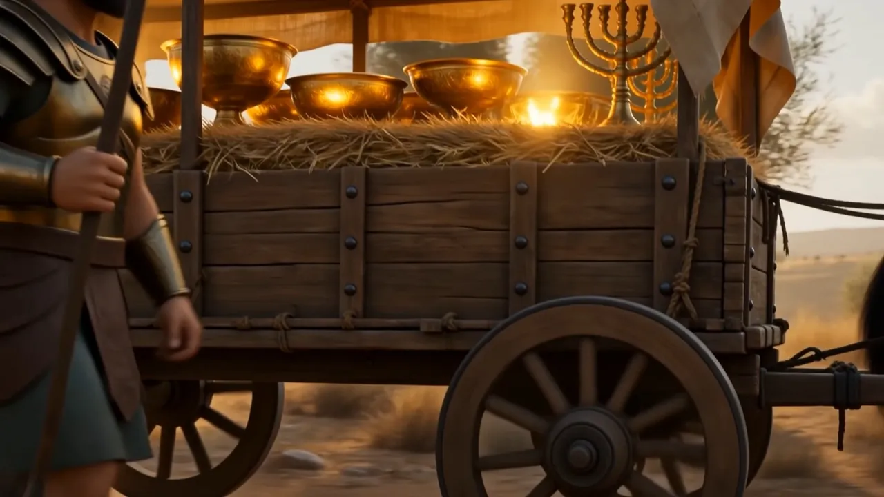 Gold vessels and a lampstand roped onto a wagon