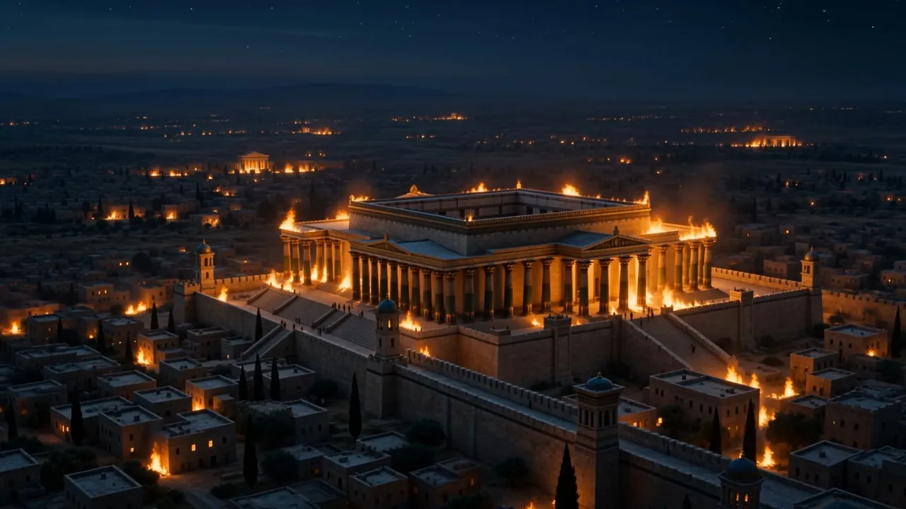 The temple precinct at night, lights along its length