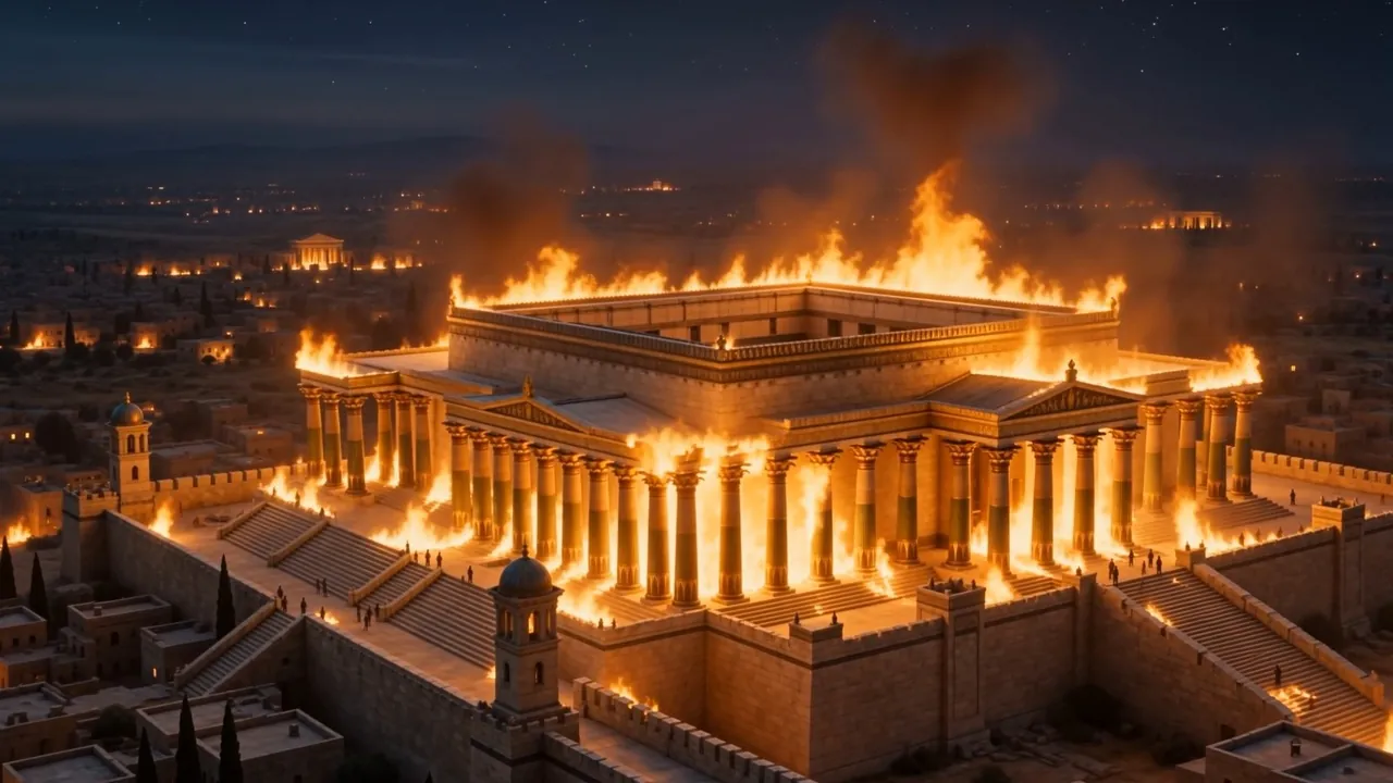 The whole complex alight, seen from across the city