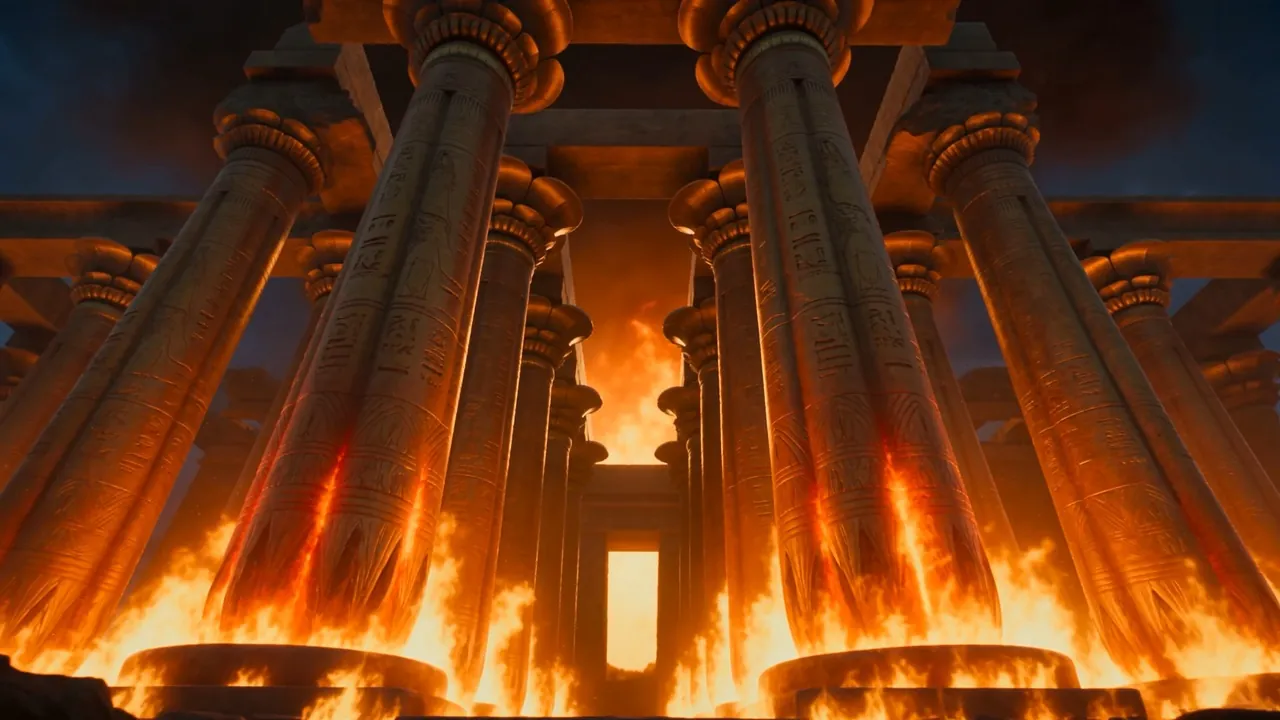 Two great bronze pillars against the fire
