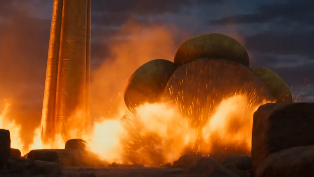 The column comes apart in a burst of sparks