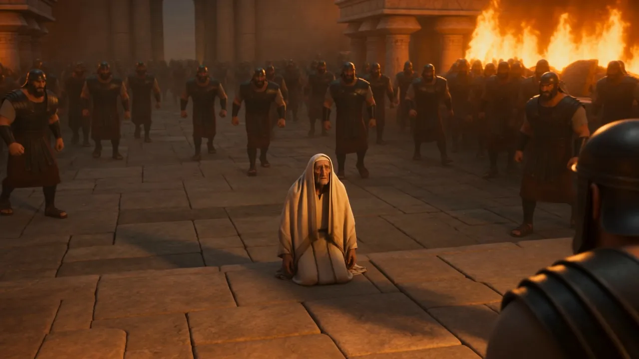 An old priest kneeling alone in a burning court