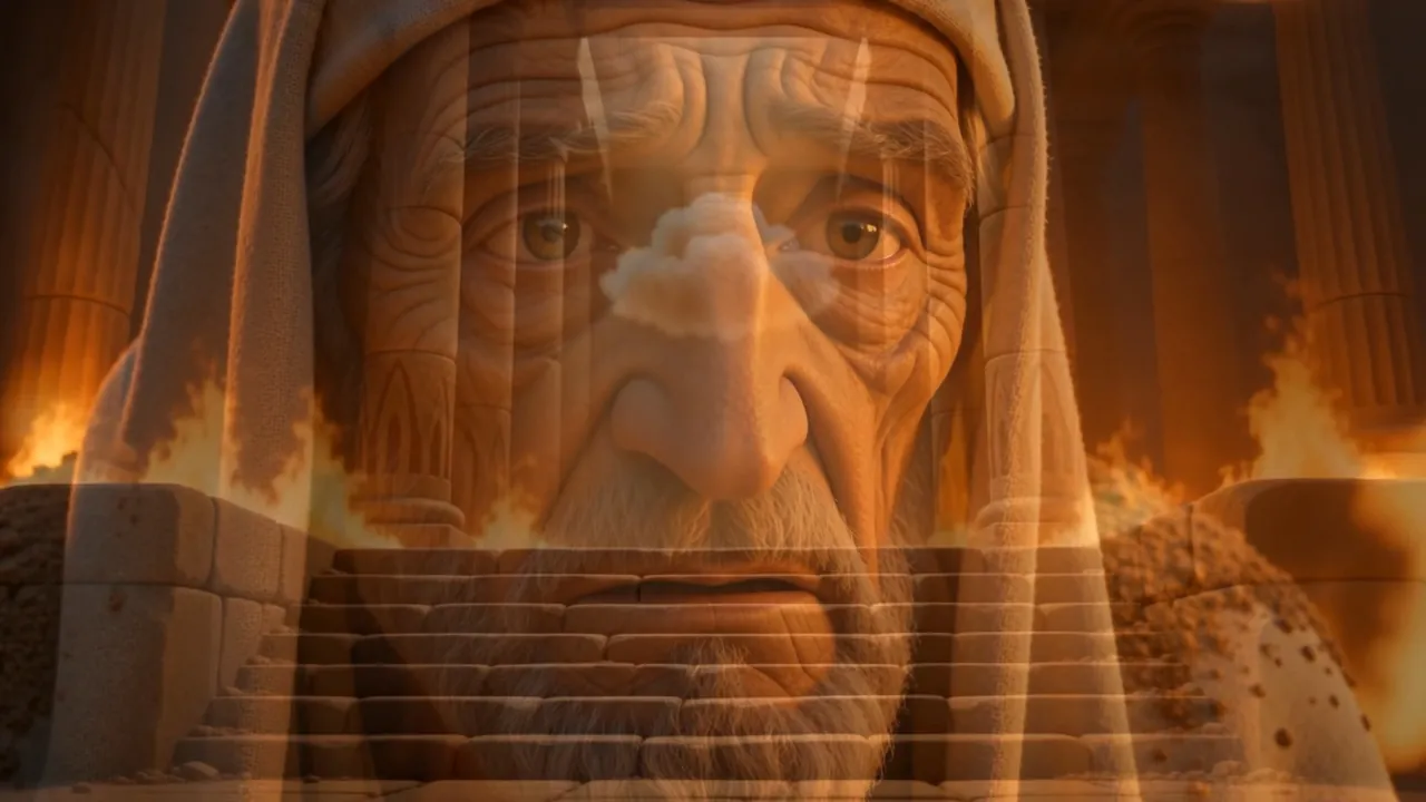 It hangs over his eyes, half-remembered