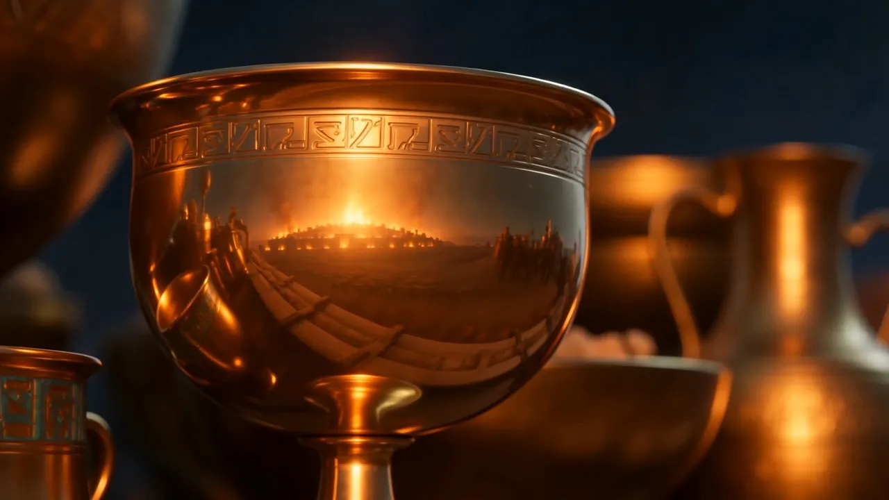 A gold bowl with the burning city reflected in it