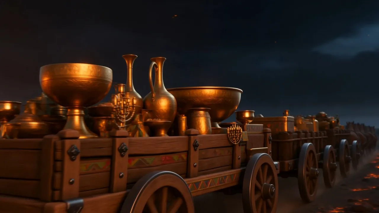 Carts loaded with vessels and lampstands