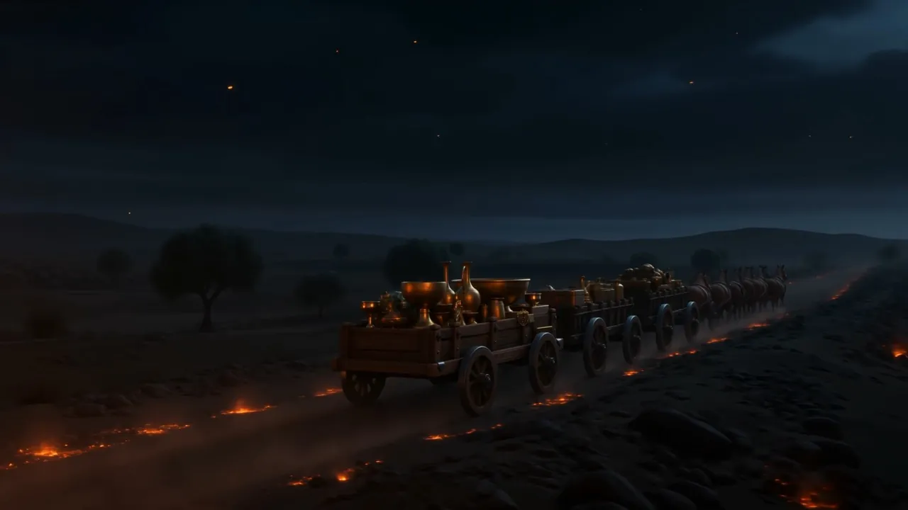 The line of carts going out across dark country