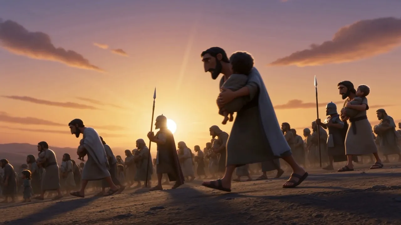 A column of people walking into a low sun