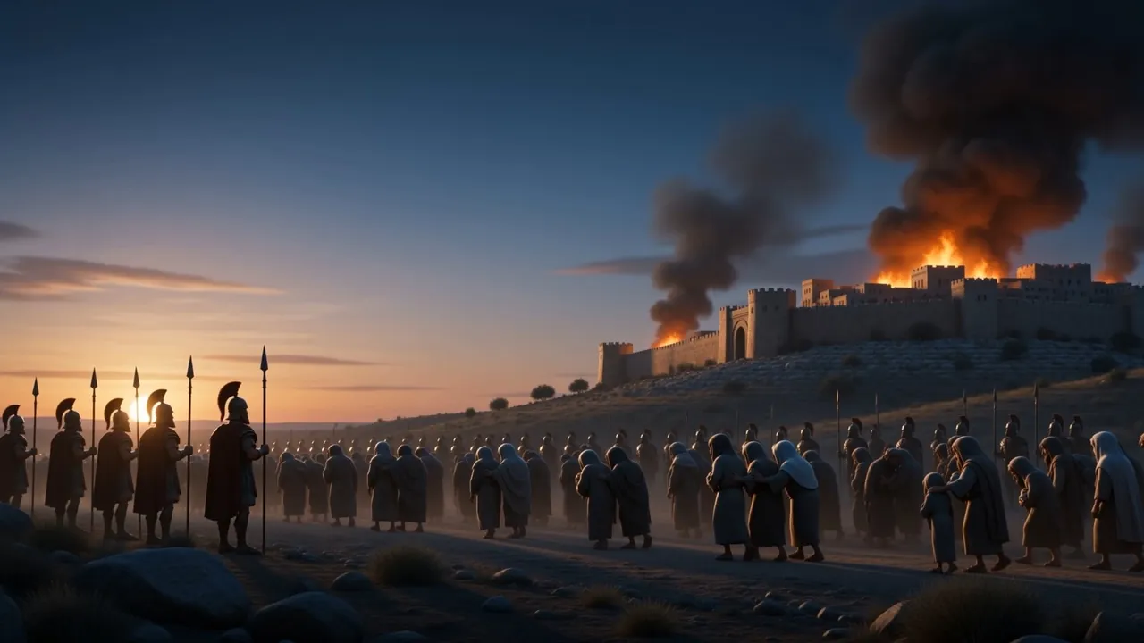 The line stretches back to the burning city on the hill