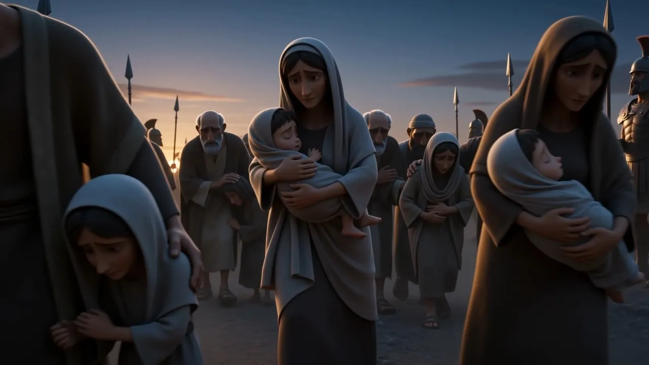 A woman with a baby, and a girl gripping her sleeve