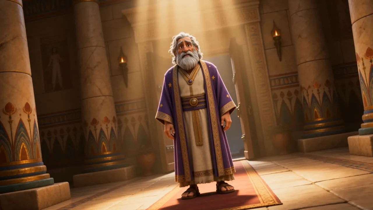 He stands in a warm hall in clothes that fit