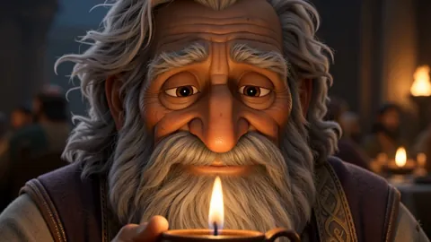 An old man at a banquet holding a small clay lamp in both hands