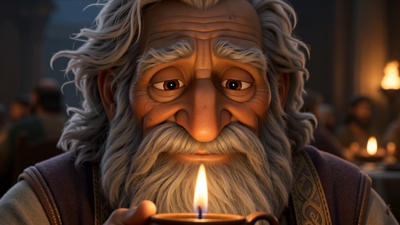 An old man at a banquet holding a small clay lamp in both hands