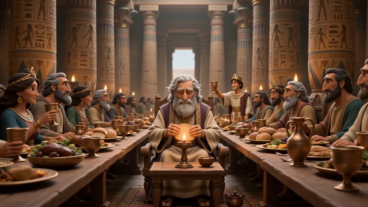 The whole hall, and one old man with a lamp in the middle