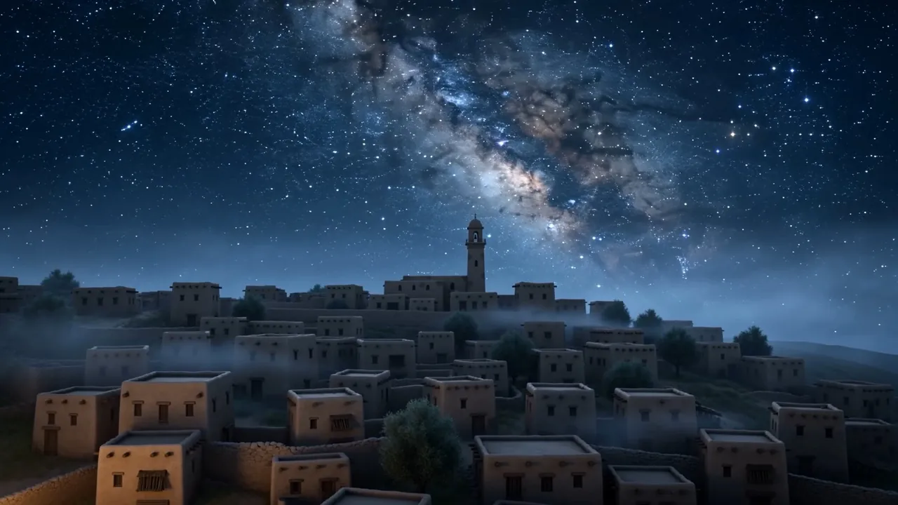A small town on a ridge in the dark