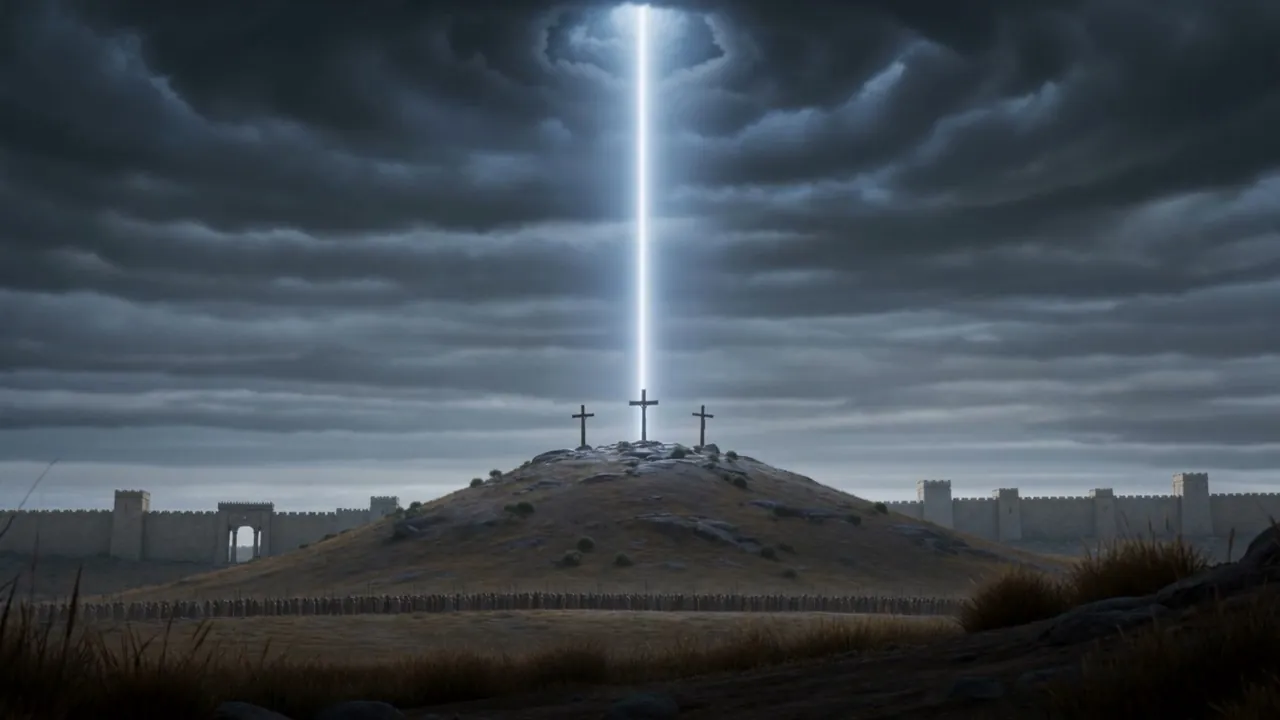 A shaft of white light comes down onto the crosses