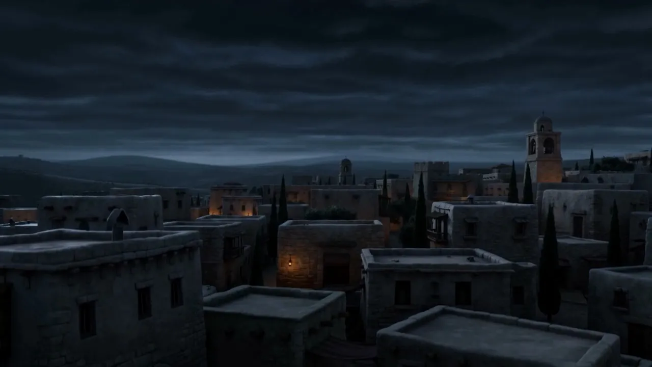 Lamps burning in a few windows