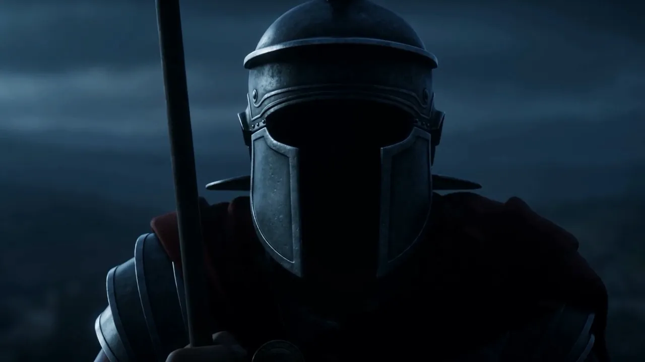 A helmeted sentry against the night sky