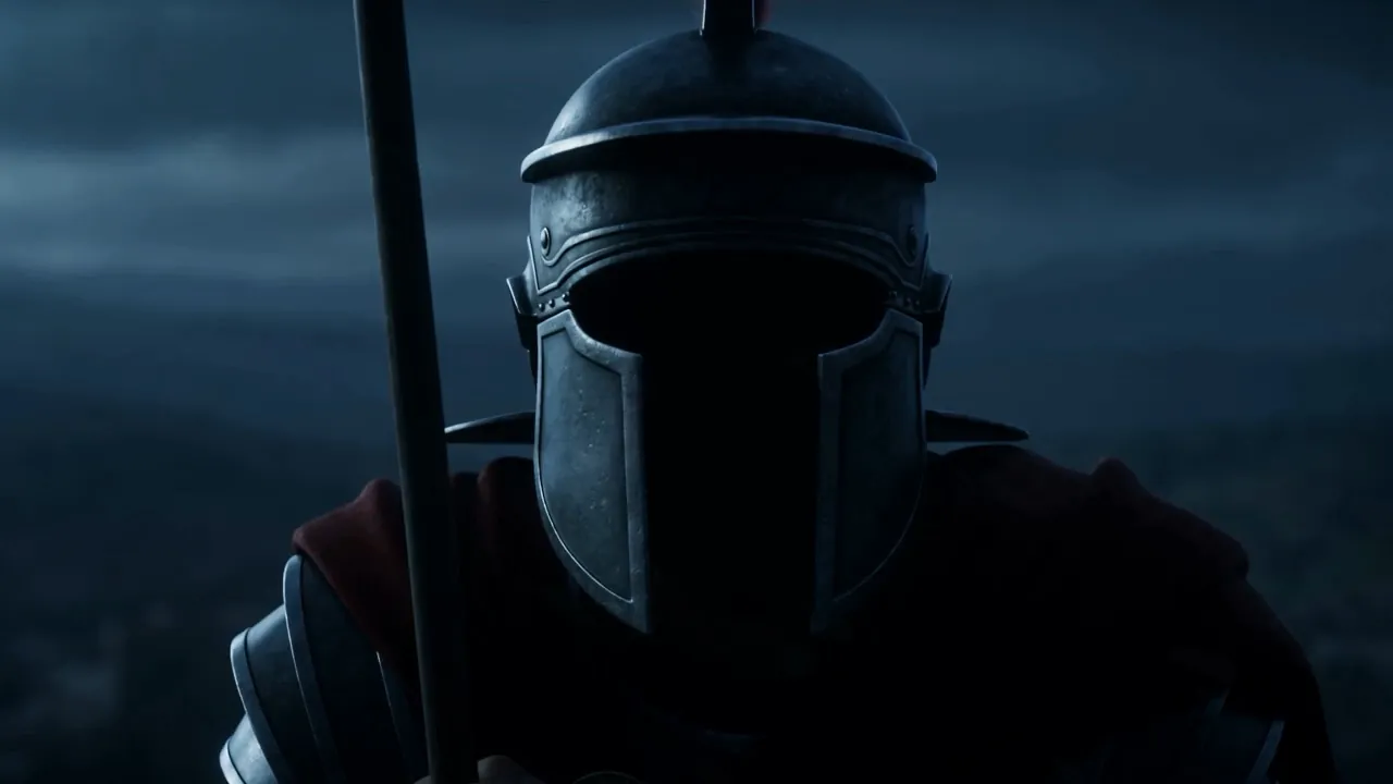 The face is in shadow under the helmet