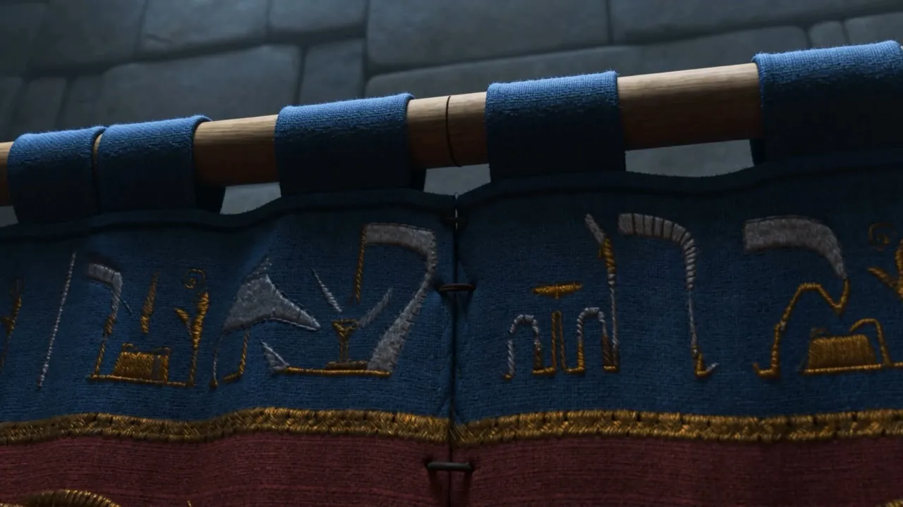 Close on the weaving: gold thread on deep blue