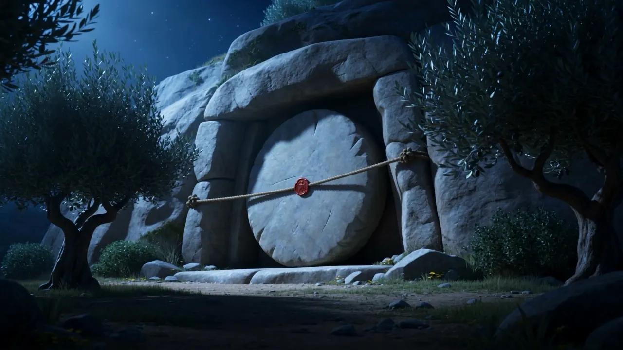 A round stone rolled across a rock-cut tomb