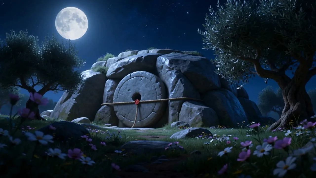 The tomb under a full moon, olive trees around it