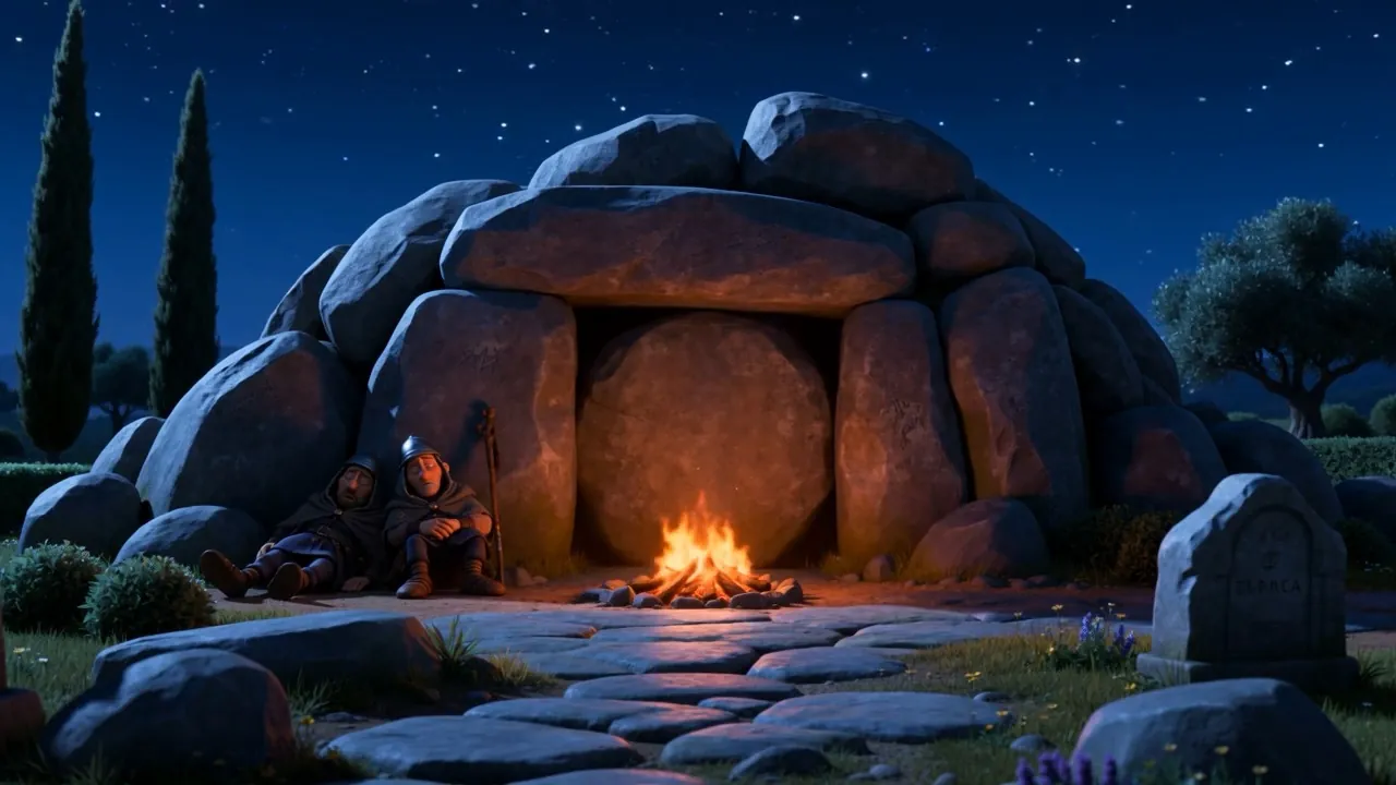 The tomb before dawn, one small fire outside it
