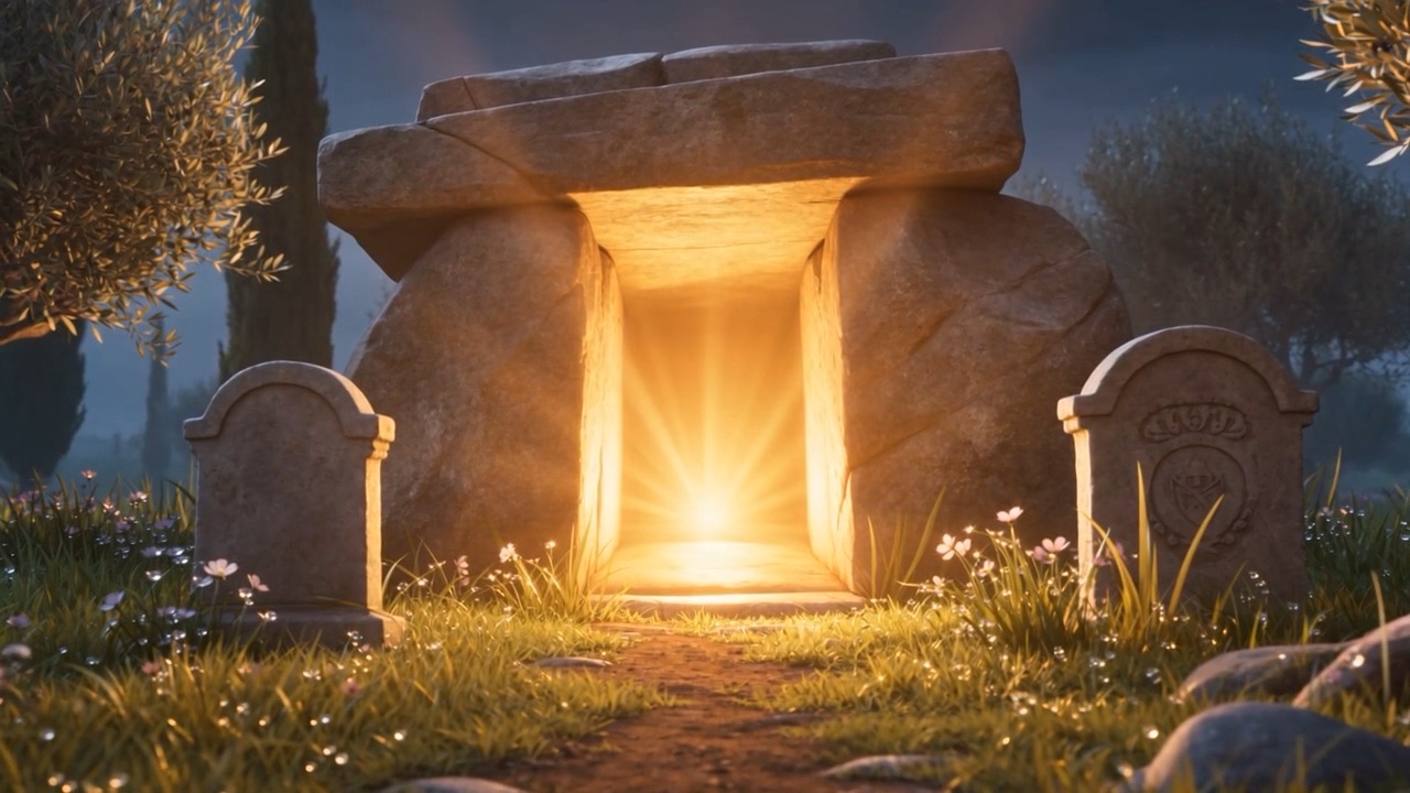 Golden light pouring out of the open doorway of a rock-cut tomb