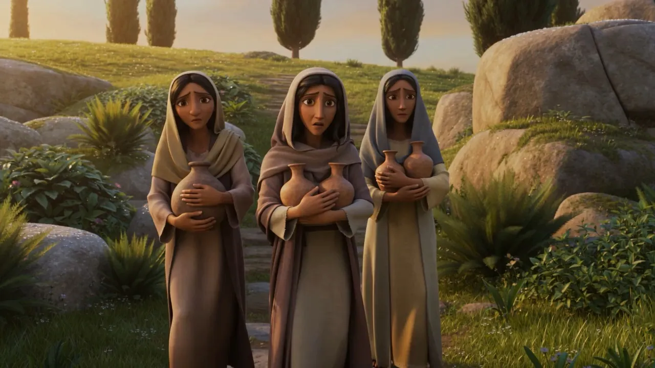 Three women on the path at first light, carrying jars
