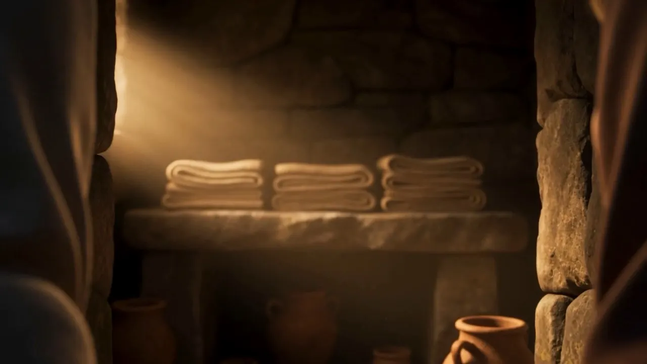 The linen, close, with morning light on it