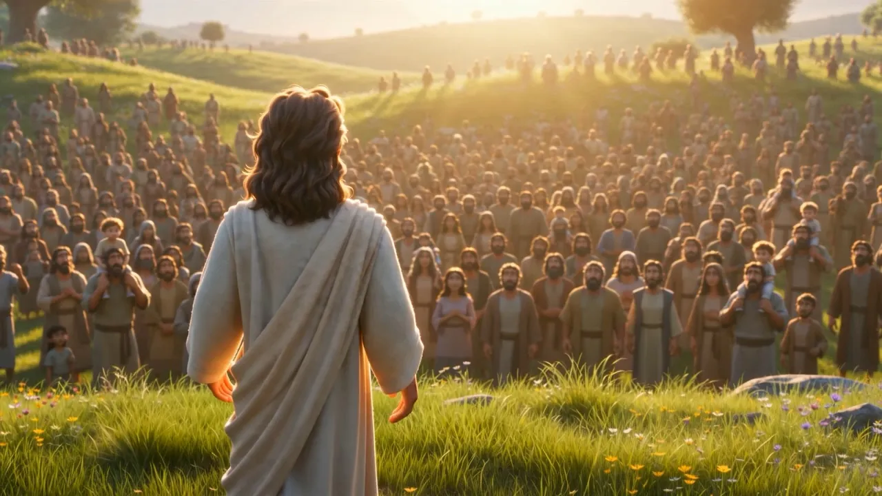 A hillside crowded with people, seen from behind one figure