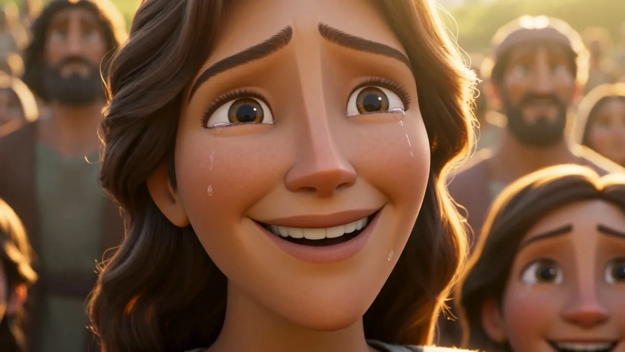 A woman's face, crying and grinning at once